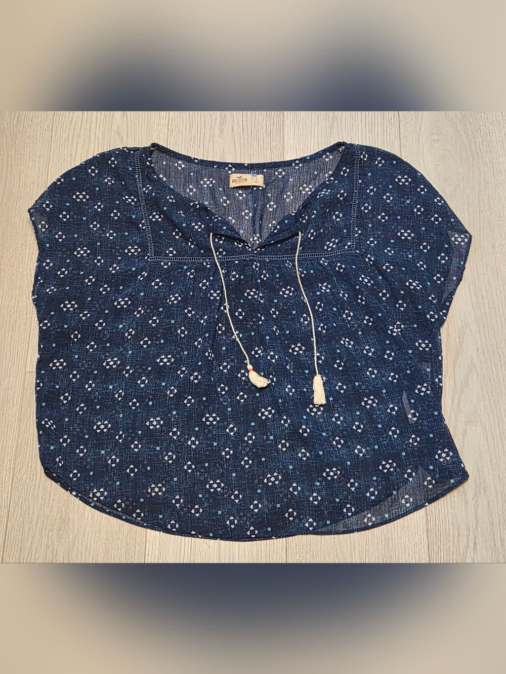 Hollister Navy Blue Floral Print Peasant Blouse